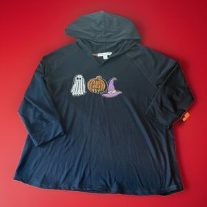 Magical Season Halloween Hoodie Ghost Pumpkin Witch Hat Rhinestone Black Sz 2XL